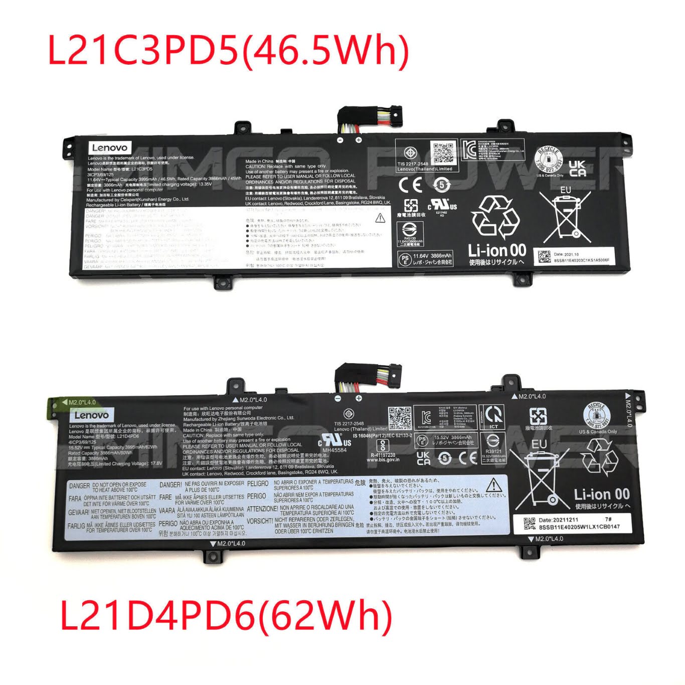 L21C3PD5, L21C4PD6 replacement Laptop Battery for Lenovo ThinkBook 14 G4 ARA 21D00000KR, ThinkBook 14 G4 ARA 21D00001KR, 11.64v / 15.52v, 46.5wh / 62wh